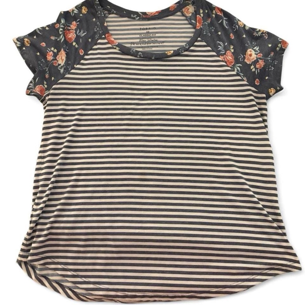 torrid  Striped Tee with Navy Floral Sleeves